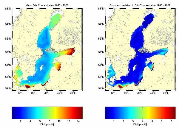 Mean winter surface DIN (left) and standard deviation (right) based on each year’s gridded winter surface observations from 1993 - 2002 inclusive. Surface refers to the upper 0 - 10 m. Units are micro-moles/litre.