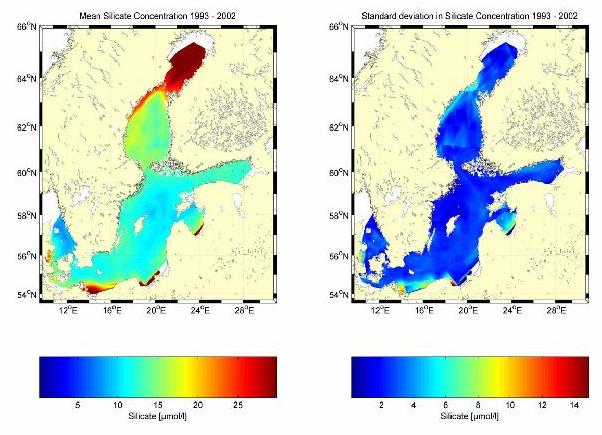 Mean winter surface silicate concentrations (left) and variability (right) based on each year's gridded HELCOM/ICES observations from 1993 - 2002. Units are micro-moles per litre.