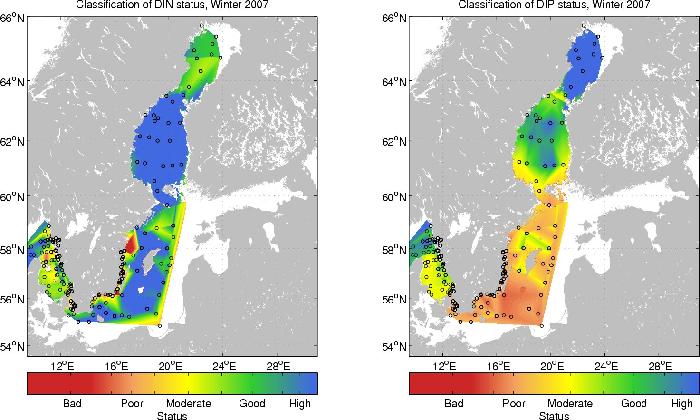 Ecological quality assessment of the winter nutrient concentrations in the Baltic, based on reference conditions from Figure 5.